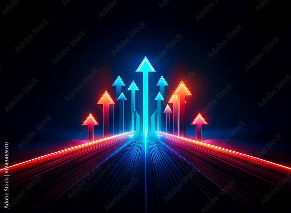 Aufkleber dynamic arrows glow in vibrant red and blue, pointing upwards against a dark backdrop. illuminated l