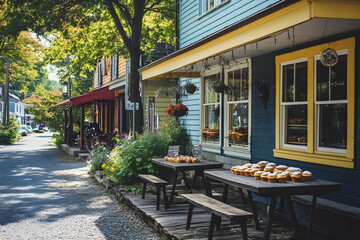 Charming coffee shop exterior with pastries displayed in a sunny neighborhood