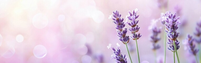 Obraz premium Lavender blooms gently swaying in the breeze against a serene bokeh background during a warm afternoon