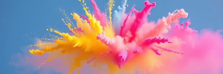 Fototapeta premium Vibrant rainbow powder explosion in a wide panorama background, wide landscape, rainbow colors, rainbow powder