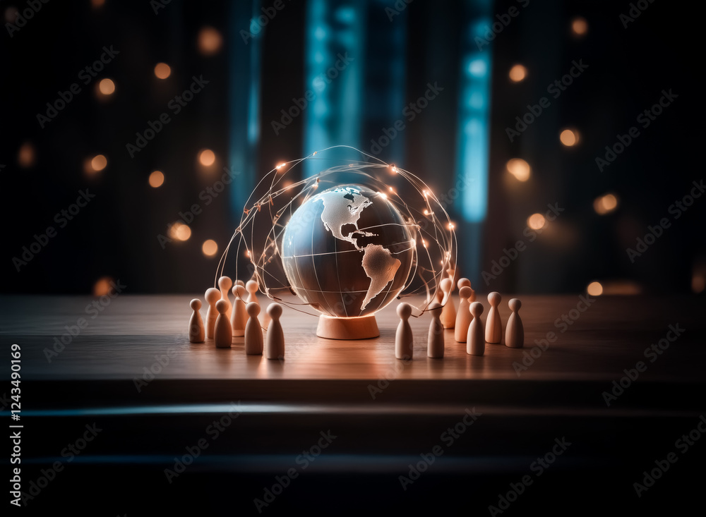 Poster Globe with light trails encircled by wooden figures on a table against a bokeh light backdrop. Symbolizes global connections and unity.