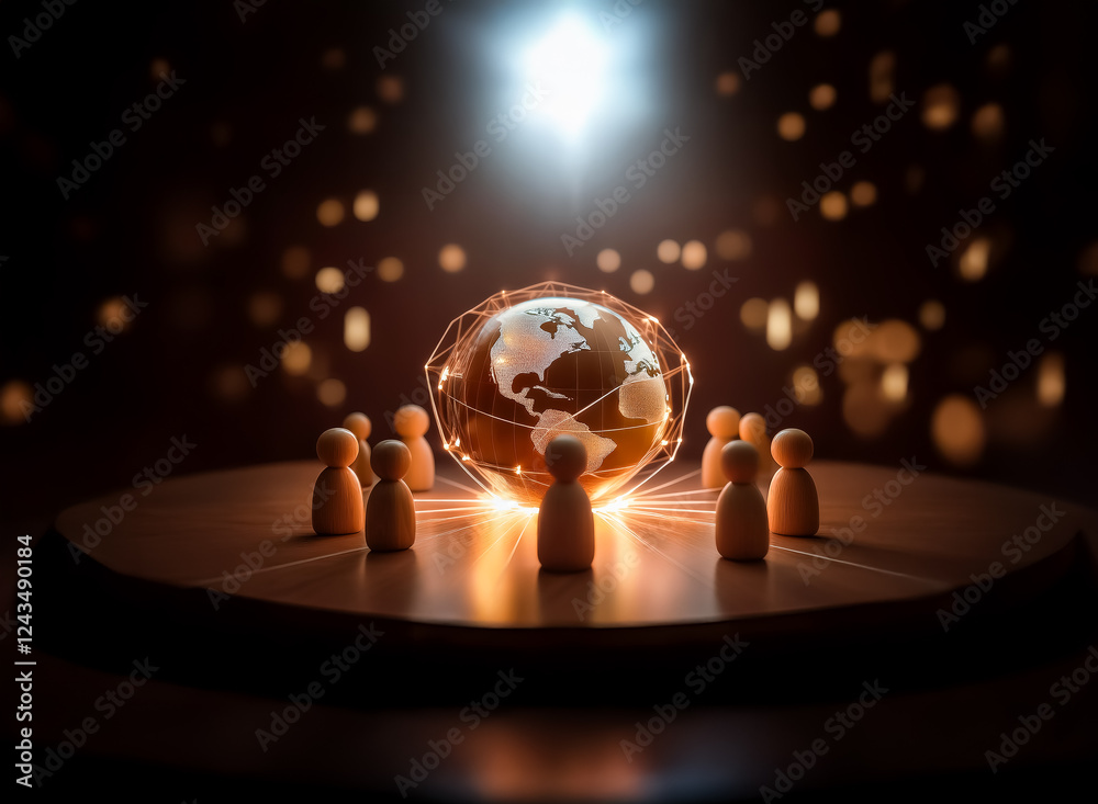 Poster A glowing globe in a geometric frame is the focal point, surrounded by wooden figures on a round platform, under a bright light with bokeh effect.