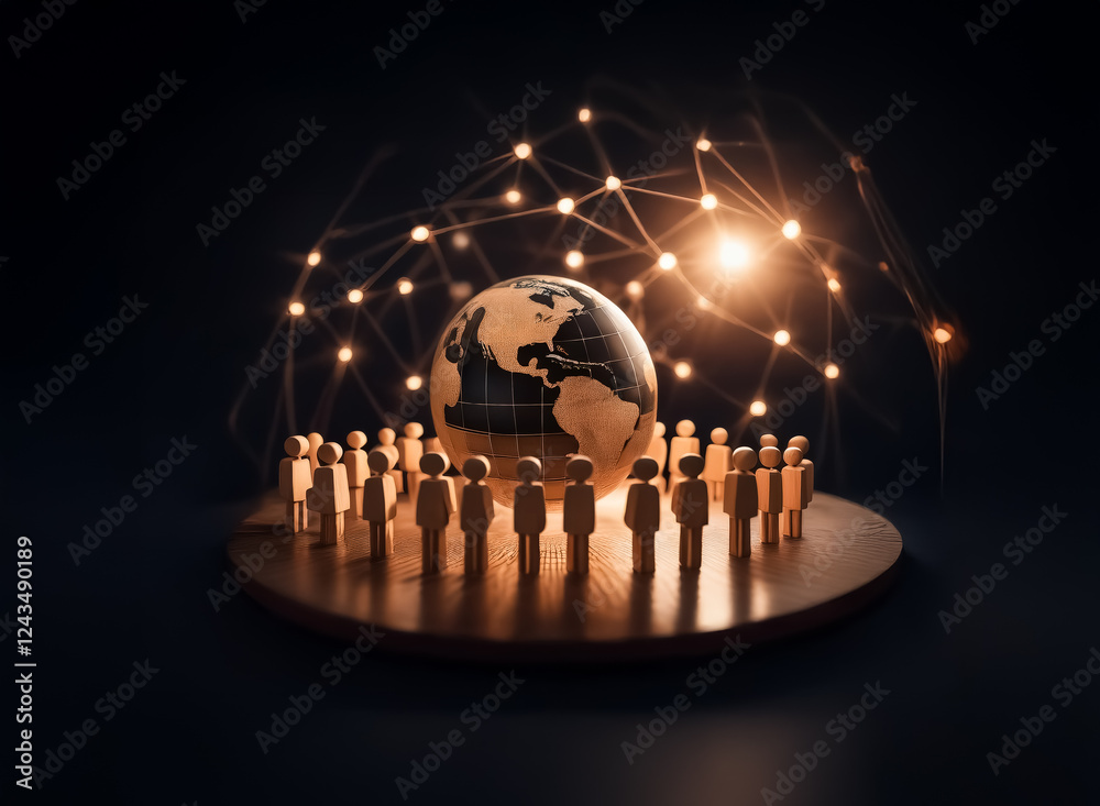 Leinwandbilder Golden figures stand in a circle around a globe, illuminated by glowing network lines against a dark backdrop, symbolizing global connection and teamwork.