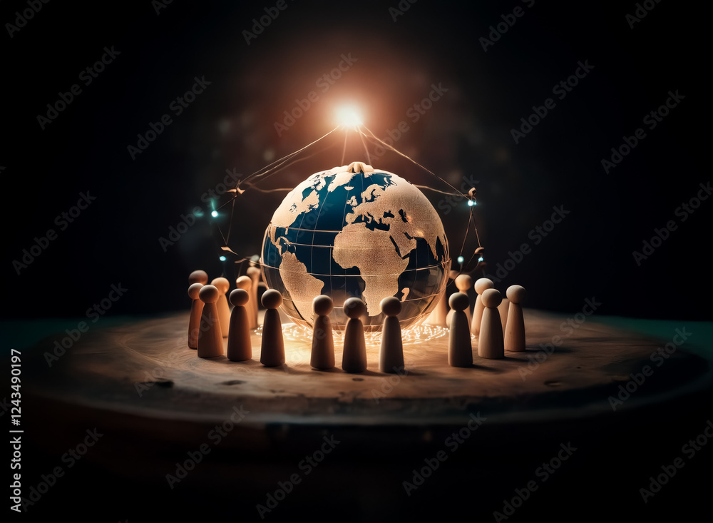 Leinwandbilder A glowing globe is encircled by small wooden figures on a circular platform, connected by string lights under a bright light source in a dark space.