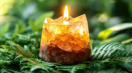 Crystal earth placed delicately on vibrant green ferns surrounded by a sunny forest. Symbolizes sustainability, nature conservation, and ecological responsibility for Earth Day.