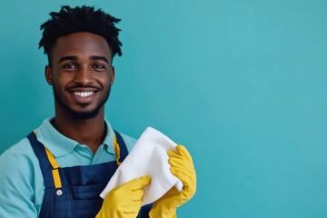 Cleaning advertisement. African American male cleaner with household items in hands, pointing aside to copy space on blue background, panorama. High quality photo, Copy Space