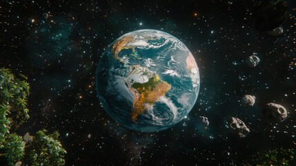 Obraz premium A vibrant depiction of Earth surrounded by asteroids, set against a starry backdrop, showcasing the beauty of space.