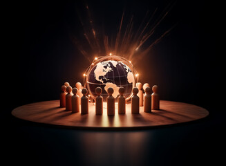 A glowing globe surrounded by wooden figures on a dark surface, illuminated by radiating light beams, suggesting connection and global network.
