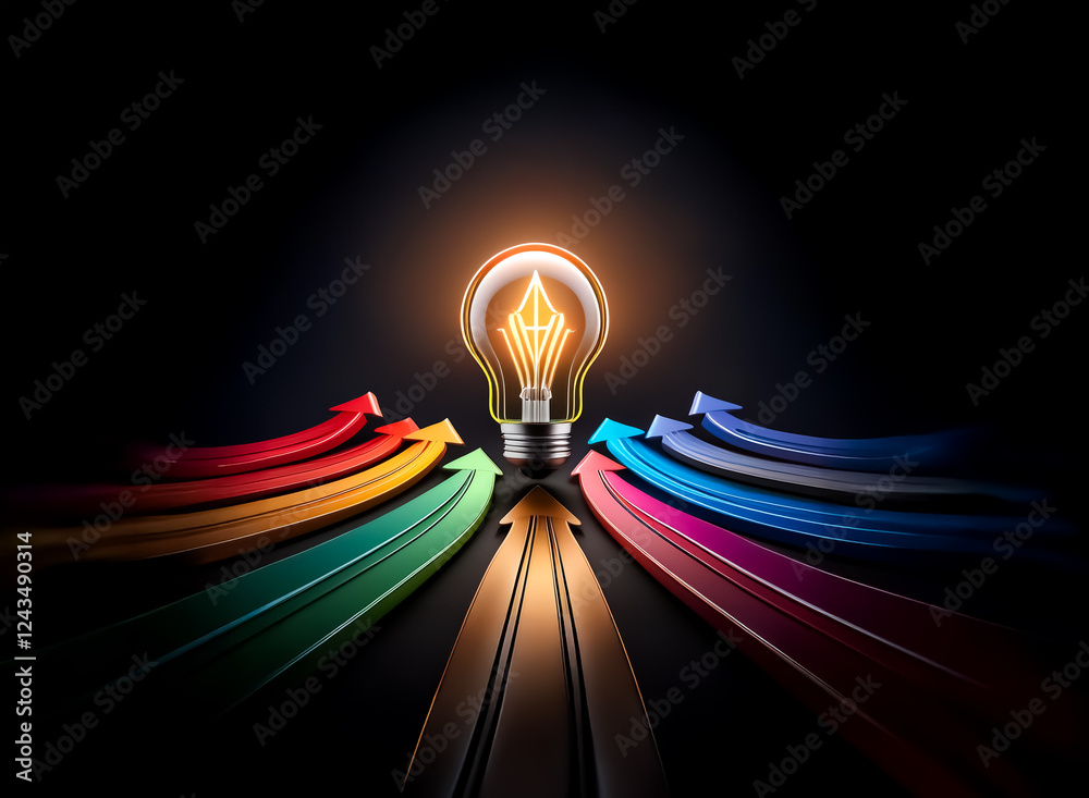 Poster a glowing lightbulb stands out against a dark backdrop, with vibrant arrows in various hues pointing