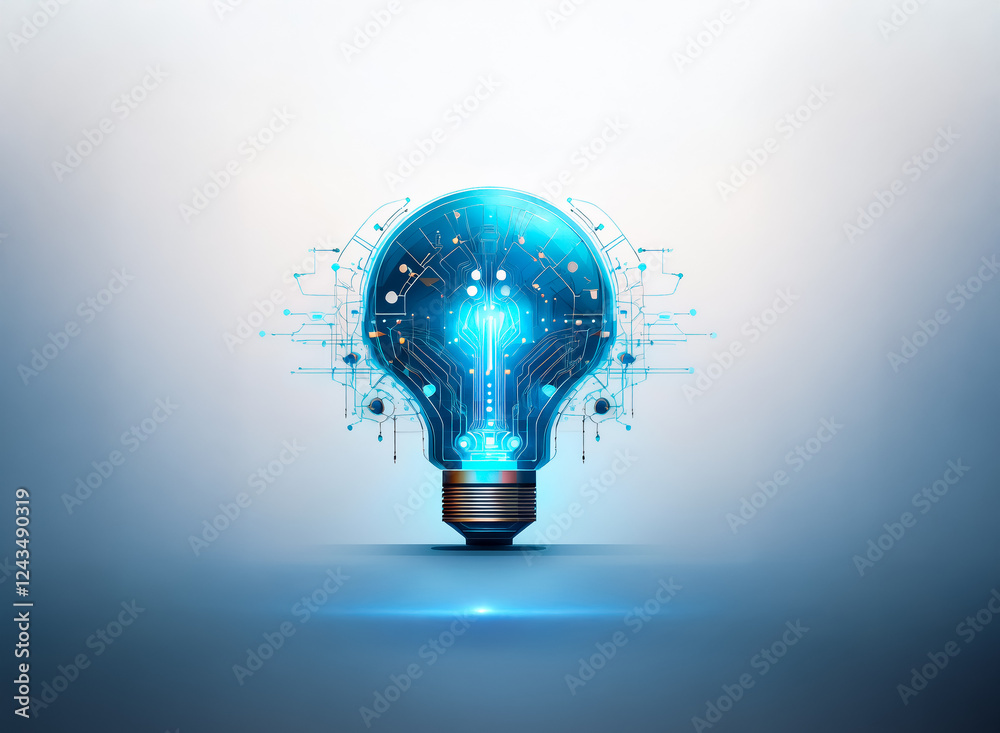 Aufkleber A blue light bulb with intricate circuit patterns glows brightly, symbolizing innovative technology and bright ideas. It visually represents the fusion of light and digital concepts.