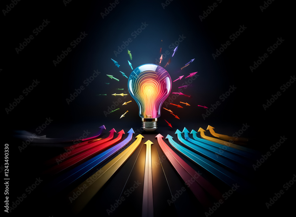 Aufkleber a vibrant lightbulb glows, illuminated by colorful arrows converging towards it in the dark, symboli