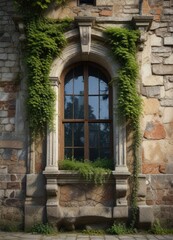Obraz premium Vines and moss covering the windows of a historic building , historic building, covered, Berlin