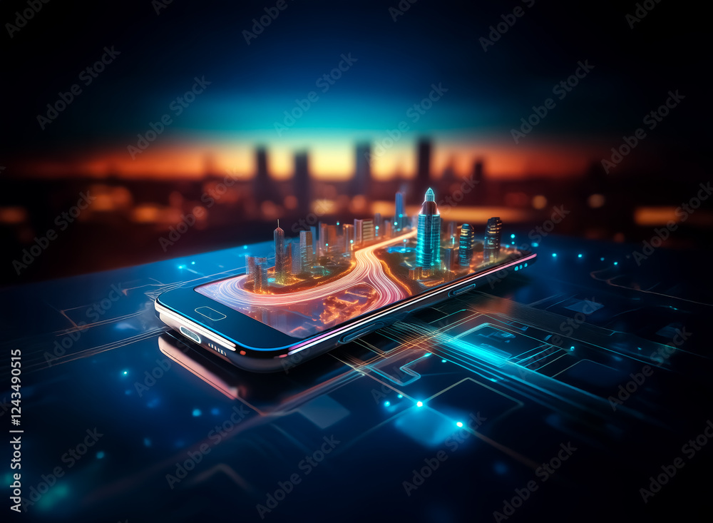 Poster futuristic city skyline atop a glowing smartphone display, resting on a vibrant circuit board patter