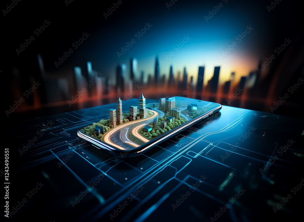 Poster futuristic cityscape displayed on a smartphone screen, featuring roads and buildings, set against a 