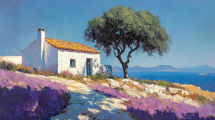 A serene painting landscape featuring a quaint white cottage surrounded by vibrant lavender fields under a clear blue sky. oil painting.