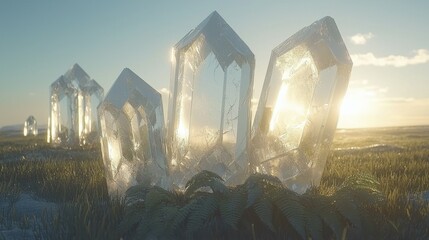 Crystal earth resting on ferns in a green, sunlit forest. Evokes the importance of ecological conservation, environmental sustainability, and the global celebration of Earth Day.