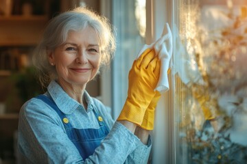 middle aged woman in yellow gloves washing window. Spring cleaning