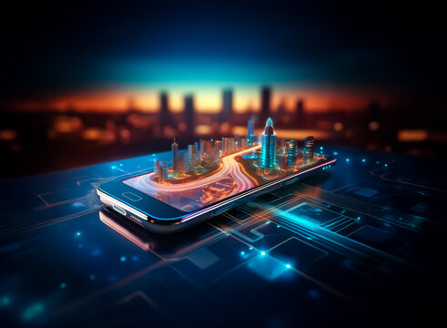 Futuristic city skyline atop a glowing smartphone display, resting on a vibrant circuit board pattern against a blurred cityscape backdrop.