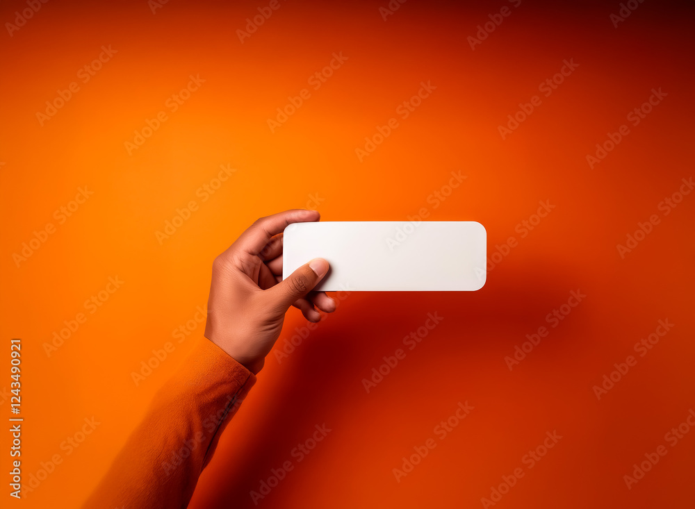 Aufkleber A hand holds a white rectangular object against a vibrant orange backdrop. The simple composition highlights the held item, creating a clean and modern aesthetic.