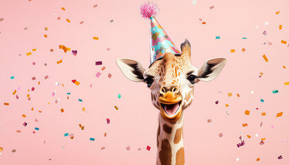 A young giraffe wears a party hat and smiles joyfully as colorful confetti falls around it. The vibrant pink background adds to the festive atmosphere of the celebration