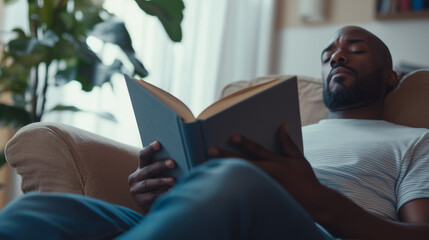 A man relaxes on a comfortable couch, deeply engrossed in a book. Sunlight filters through the window, illuminating the inviting and serene atmosphere filled with greenery