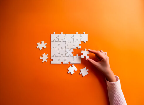 A hand carefully places the final piece into a white jigsaw puzzle set against a bright orange backdrop.  Detached puzzle pieces suggest the puzzle is near completion, symbolizing problem-solving and 