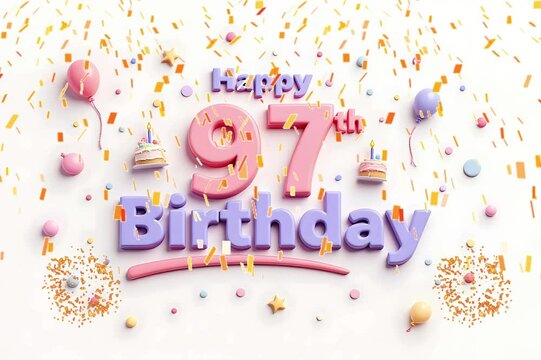 Animated 3D Happy 97th Birthday background video in pastel theme with floating balloons, lit candles, fireworks, and confetti shower
