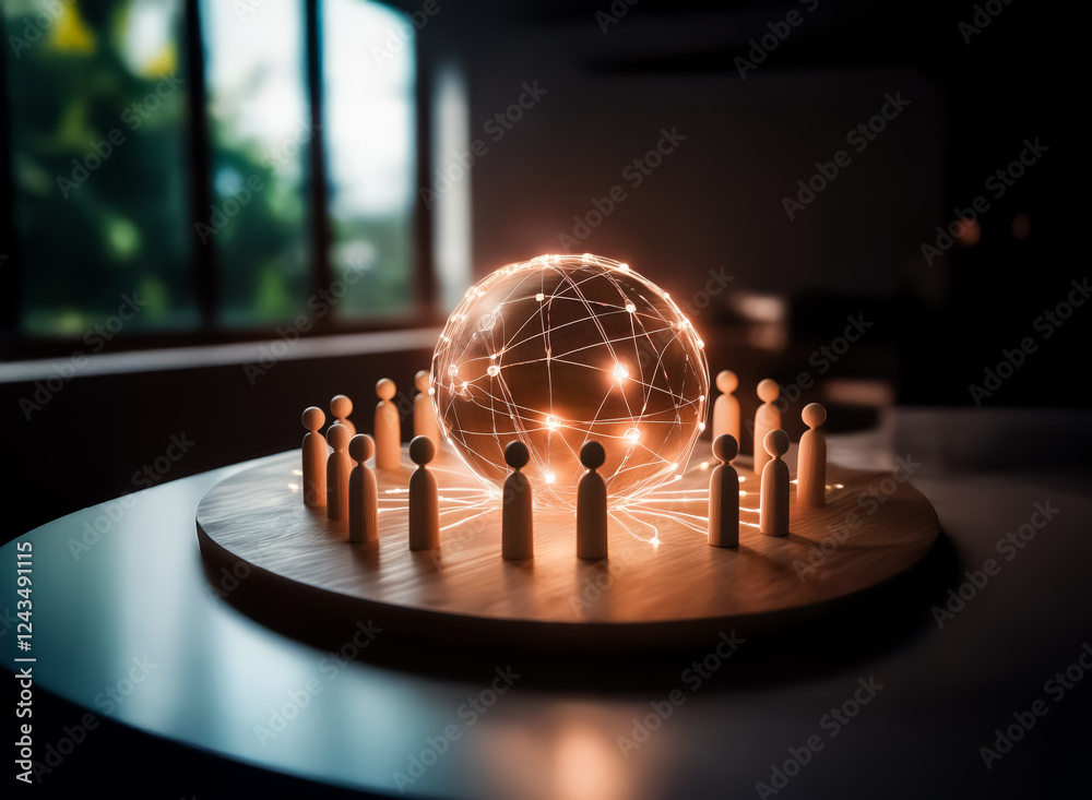 Poster miniature wooden figures encircle a radiant globe with network lines on a round wooden base. symboli