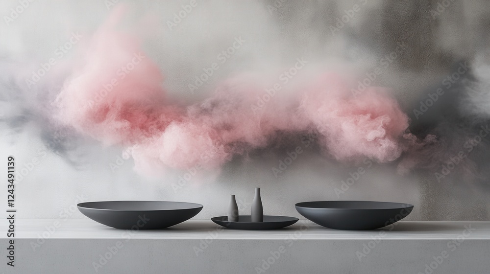 Aufkleber minimalist gray and pink mist dissolving into soft hues on a calm surface with contemporary vessels