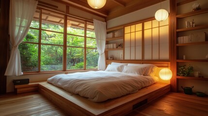 Obraz premium Tranquil Japanese-style bedroom with large window, platform bed, and built-in shelves.
