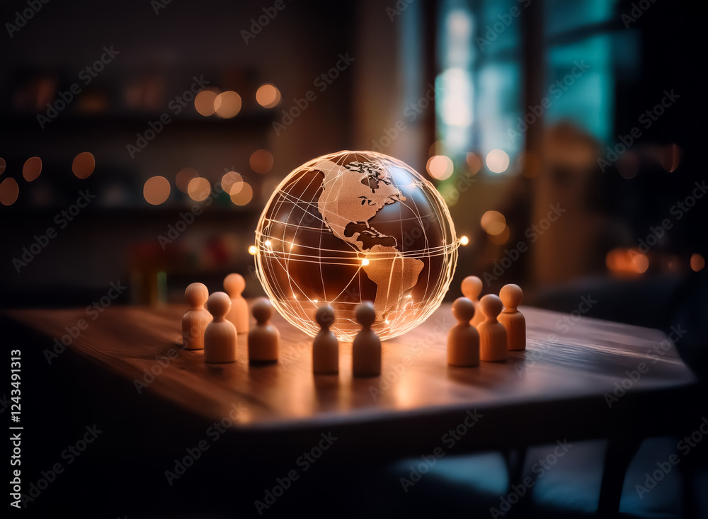 Aufkleber illuminated globe centerpiece on a wooden table, encircled by wooden peg figures suggesting global t
