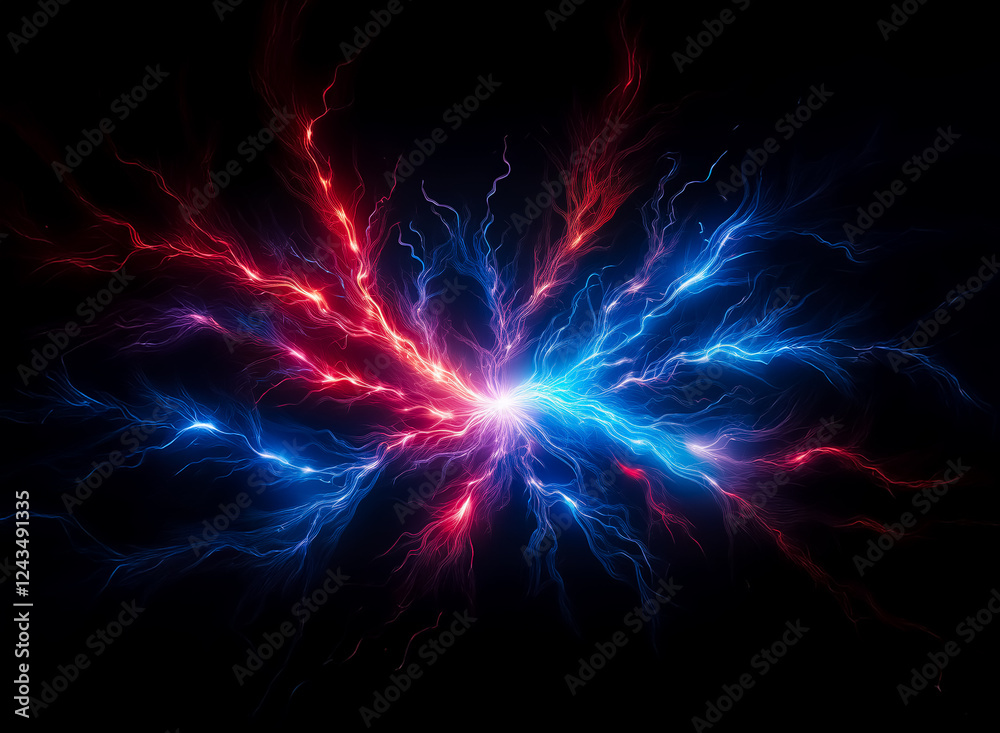 Aufkleber abstract red and blue lightning bolts strike and branch on a dark backdrop. vibrant electric energy 