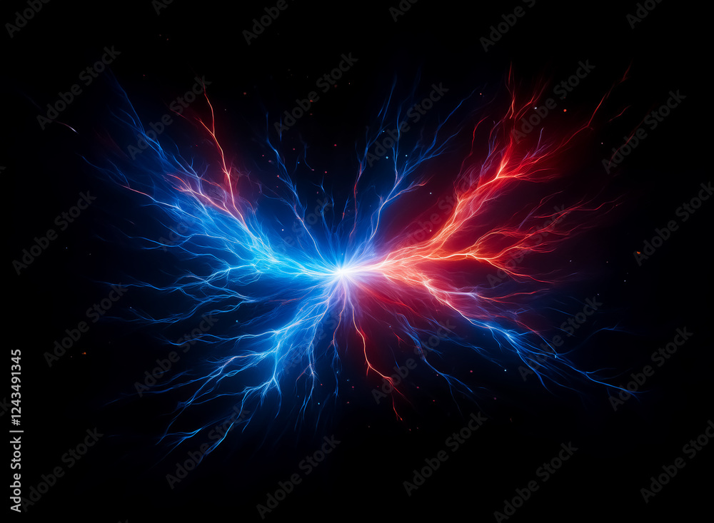 Poster Vibrant energy streams, colored in opposing hues of blue and red, erupt from a central point against a stark black void, creating a dynamic visual effect.