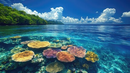 Vibrant coral reef underwater scene showcasing diverse marine life and clear blue waters