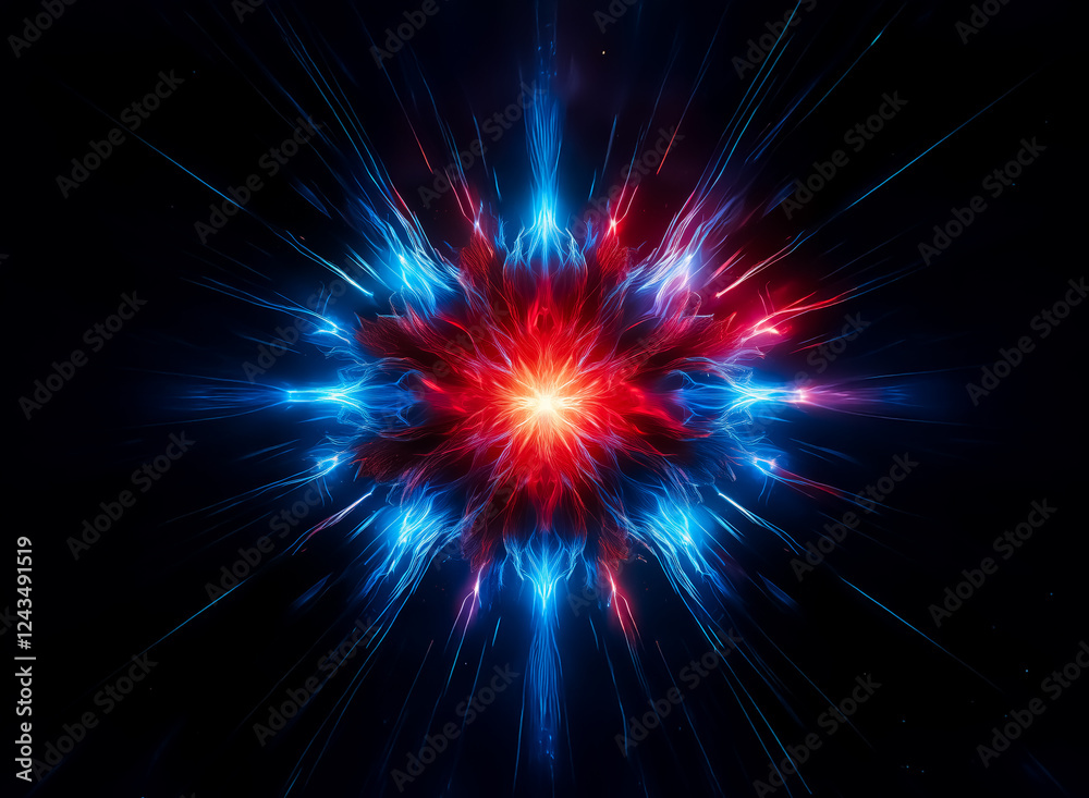 Poster a central point of brilliant light explodes outwards in radiant beams of blue and red against a star