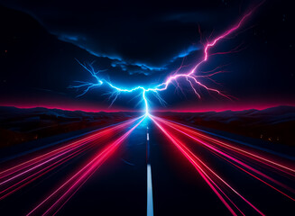 Obraz premium A night road stretches into the distance with light trails, illuminated by striking blue and pink lightning bolts in a dramatic sky.