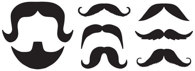 Set of mustaches glyph style. Mustache bundle. Funny mustache stickers. Printable mustaches for every game. Collection of mustaches mustache illustration. Hair style concepts. Black hair, human face