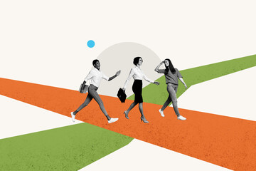 Composite art 3d creative image collage of three happy business partners girls walk development colorful path success career growth