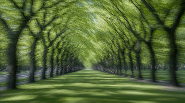 Abstract blurred green park background with sunlight filtering through, creating a vintage effect in spring and summer. A serene and tranquil backdrop for natural design concepts.