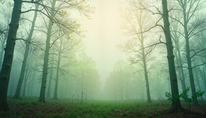 Fototapeta premium Misty forest in early spring with tender buds, nature's awakening