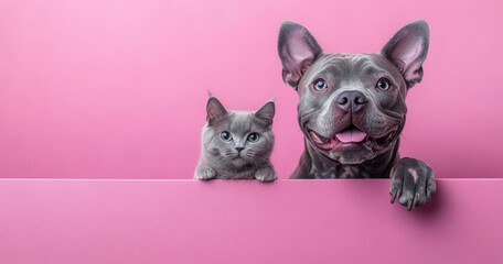 Fototapeta premium Adorable Dog and Cat Posing Together with Pink Background, Expressing Friendship and Playfulness in Studio Environment
