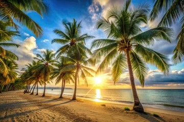 Fototapeta premium Warm sunlight filters through palm trees on a serene beach scene, palm trees, shore, wave, sunshine