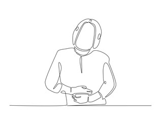 Continuous line art drawing of woman suffering from abdominal pain. Woman feel pain in her stomach single line art drawing vector illustration. Editable stroke.