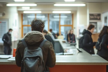 Student waiting in line at university office or service desk