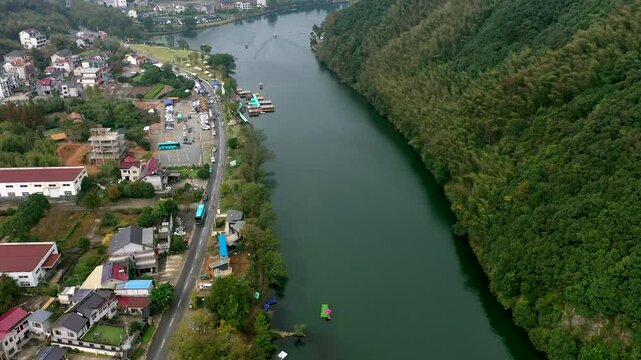 Aerial photography of the natural scenery of Qinglong Bay Scenic Area in Ningguo City,
