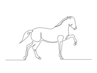 Continuous line art drawing of beautiful wild horse. Running horse in single line art drawing vector illustration. Editable stroke.