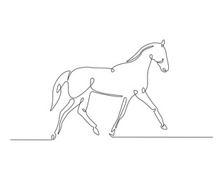 Continuous line art drawing of beautiful wild horse. Running horse in single line art drawing vector illustration. Editable stroke.