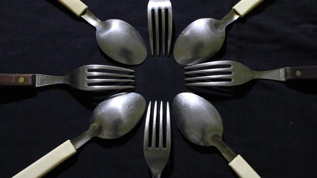 Cucharas y tenedores grandes en c&iacute;rculo, son herramientas culinarias para diversos alimentos, forman un dise&ntilde;o de brillos y texturas abstractas con fondo negro.