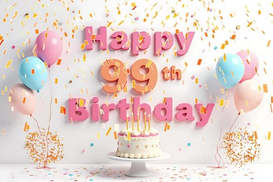 Animated 3D Happy 99th Birthday background video in pastel theme with floating balloons, lit candles, fireworks, and confetti shower