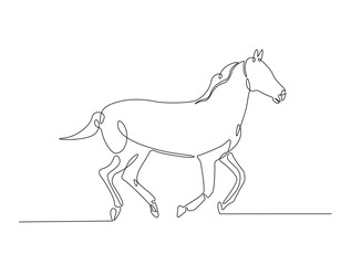 Continuous line art drawing of beautiful wild horse. Running horse in single line art drawing vector illustration. Editable stroke.